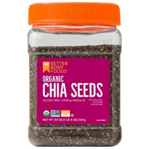 betterbody foods organic chia seeds 1.25 lbs, 20 oz, with omega-3, non-gmo, gluten free, keto diet friendly, vegan, good source of fiber, add to smoothies