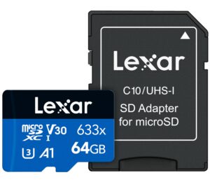 lexar high-performance 633x 64gb microsdxc uhs-i card w/ sd adapter, c10, u3, v30, a1, full-hd & 4k video, up to 100mb/s read, for smartphones, tablets, and action cameras (lsdmi64gbbnl633a)