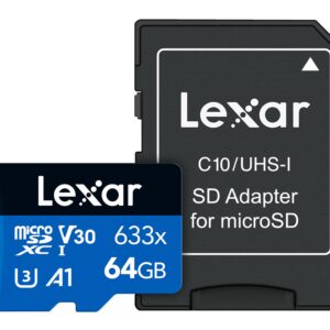 Lexar High-Performance 633x 64GB microSDXC UHS-I Card w/ SD Adapter, C10, U3, V30, A1, Full-HD & 4K Video, Up To 100MB/s Read, for Smartphones, Tablets, and Action Cameras (LSDMI64GBBNL633A)