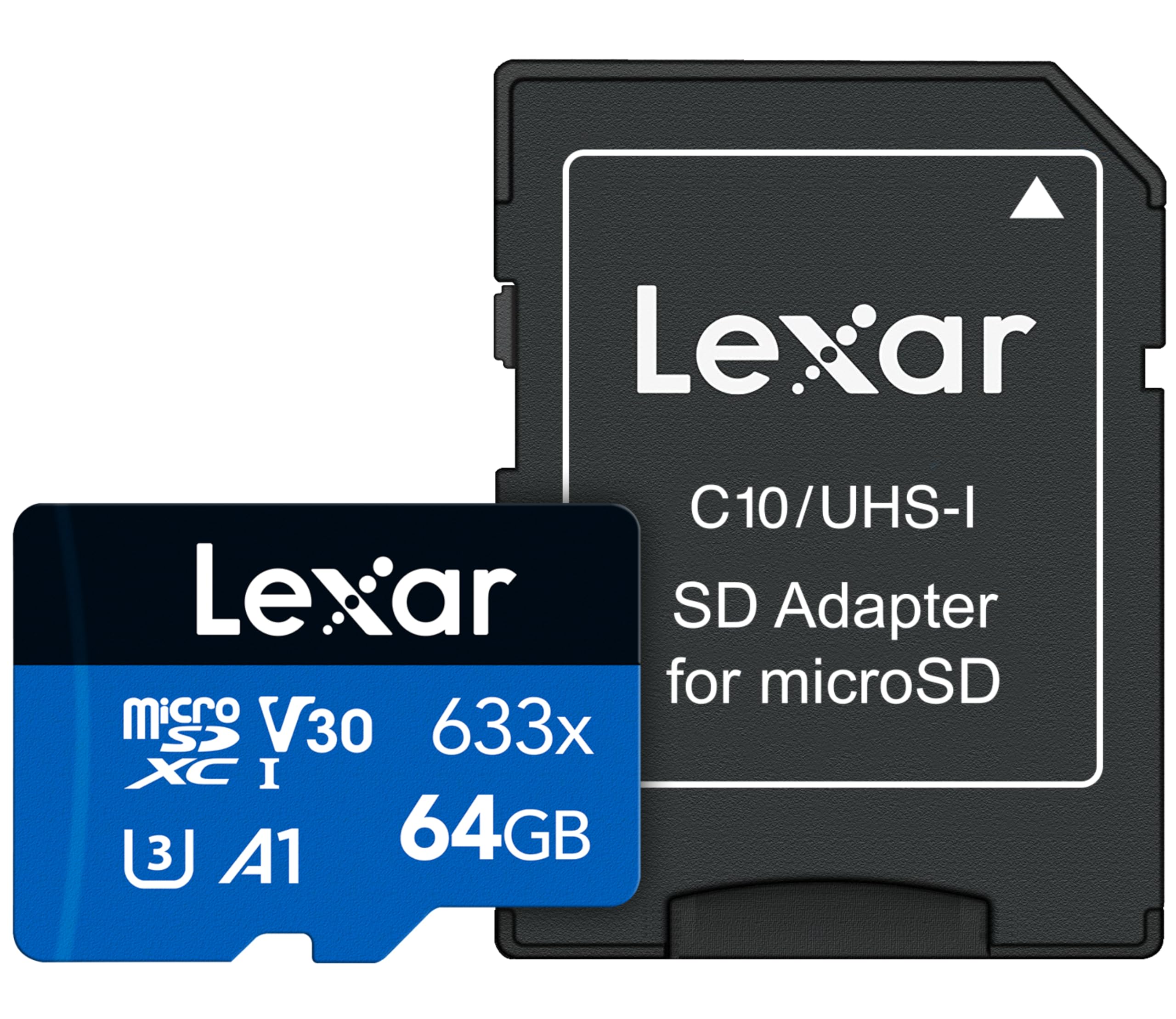 Lexar High-Performance 633x 64GB microSDXC UHS-I Card w/ SD Adapter, C10, U3, V30, A1, Full-HD & 4K Video, Up To 100MB/s Read, for Smartphones, Tablets, and Action Cameras (LSDMI64GBBNL633A)