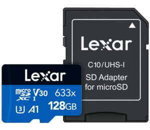 lexar high-performance 633x 128gb microsdxc uhs-i card with sd adapter, c10, u3, v30, a1, full-hd & 4k video, up to 100mb/s read, for smartphones, tablets, and action cameras (lsdmi128bbnl633a)