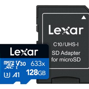 Lexar High-Performance 633x 128GB microSDXC UHS-I Card with SD Adapter, C10, U3, V30, A1, Full-HD & 4K Video, Up To 100MB/s Read, for Smartphones, Tablets, and Action Cameras (LSDMI128BBNL633A)