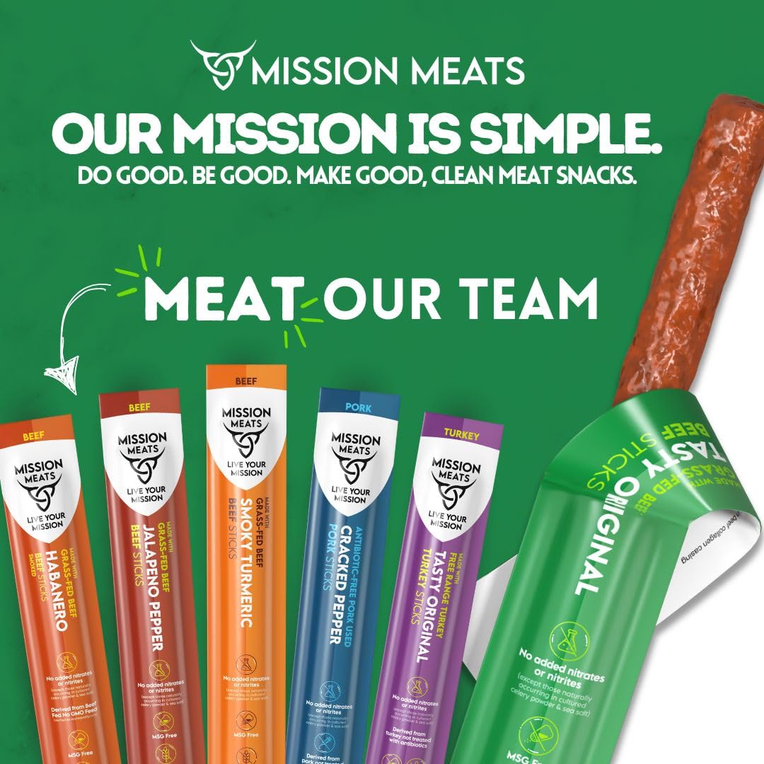 Mission Meats Grass Fed Beef Sticks – Sugar Free Beef Sticks, Gluten Free, Whole 30, Paleo, Keto Meat Sticks, Sugar Free Jerky Beef Sticks Individually Wrapped, 1oz (Original, Pack of 12)