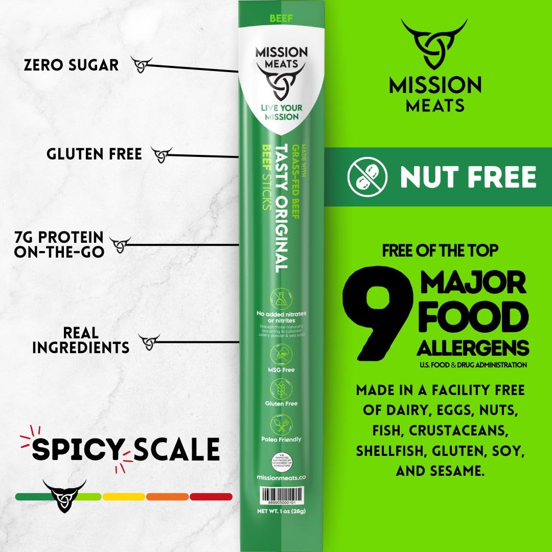 Mission Meats Grass Fed Beef Sticks – Sugar Free Beef Sticks, Gluten Free, Whole 30, Paleo, Keto Meat Sticks, Sugar Free Jerky Beef Sticks Individually Wrapped, 1oz (Original, Pack of 12)