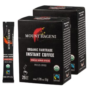 mount hagen 25 count single serve instant coffee packets - 2 pack | organic medium roast arabica beans [2 x 25 sticks/1.76oz/50g]