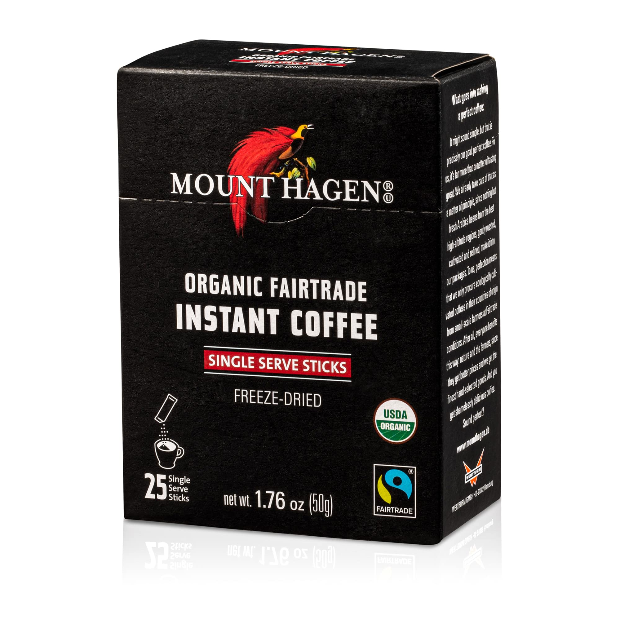 Mount Hagen 25 Count Single Serve Instant Coffee Packets - 2 Pack | Organic Medium Roast Arabica Beans [2 x 25 sticks/1.76oz/50g]