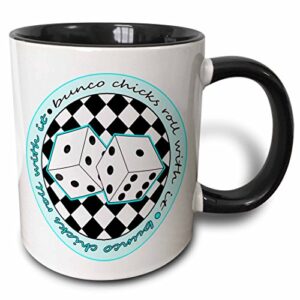 3dRose Bunco Chicks Roll with It Blue and White-Two Tone Black Mug, 11 oz, Multicolored