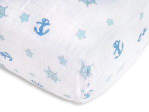 swaddledesigns softest cotton muslin fitted crib sheet/toddler sheet for baby boy & girl, pastel blue little ships