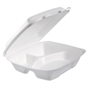 dart 90htpf3r foam hinged lid container 3-comp 9 x 9 2/5 x 3 white 100/bag 2 bag/carton