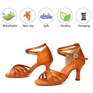 DKZSYIM Women's Satin Latin Dance Shoes Professional Ballroom Salsa Practice Performance Dancing Shoes,213-Brown-7,US 8.5