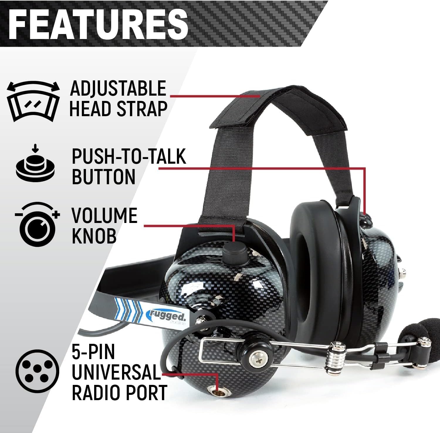 Rugged Behind The Head Headset for Racing Radios Features Noise Reduction Volume Control Knob 3.5mm Input Jack and 5-Pin Input Jack to Connect to a Two Way Handheld Radio Jumper Cable