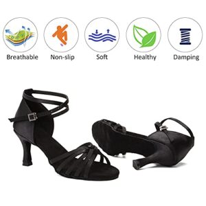 DKZSYIM Women's Satin Latin Dance Shoes Professional Ballroom Salsa Practice Performance Dancing Shoes,213-Black-7,US 5