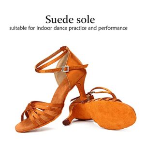 DKZSYIM Women's Satin Latin Dance Shoes Professional Ballroom Salsa Practice Performance Dancing Shoes,213-Brown-7,US 5