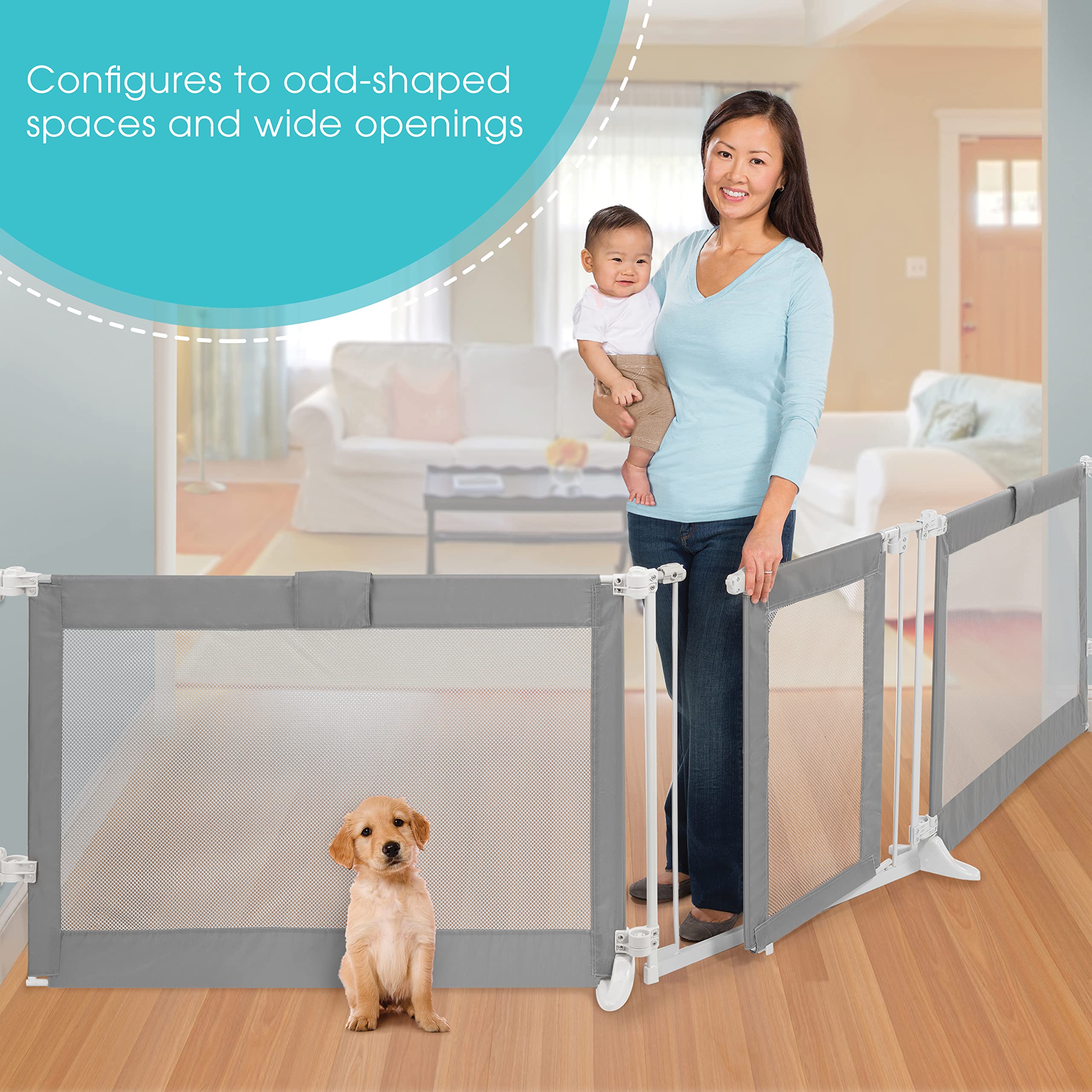 Summer Infant Custom Fit Walk-Thru Extra Wide Pet and Baby Gate, Fits Openings 65” - 87” (2 panels) or 87” - 141” (3 panels), 30” Tall, Install In-between Rooms or Doorways - Grey