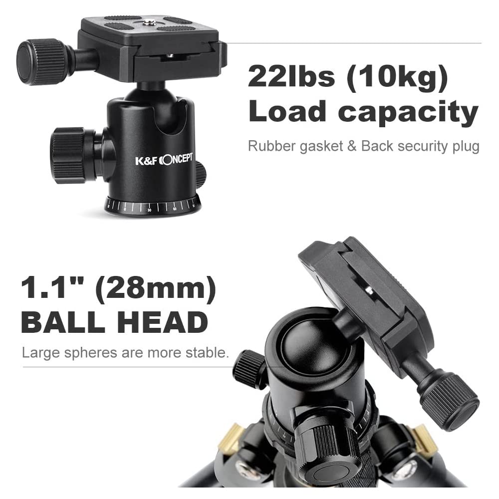 K&F Concept 64''/162cm DSLR Tripod,Lightweight and Compact Aluminum Camera Tripod with 360 Panorama Ball Head Quick Release Plate for Travel and Work B234A1+BH-28 (TM2324)