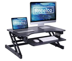 rocelco 32" height adjustable standing desk converter - quick sit stand up dual monitor riser - gas spring assist tabletop computer workstation - large retractable keyboard tray - black (r adrb)