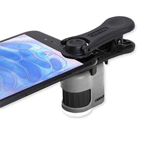 carson micromini 20x led lighted pocket microscope with built-in led and uv flashlight and universal smartphone digiscoping adapter clip (mm-380)