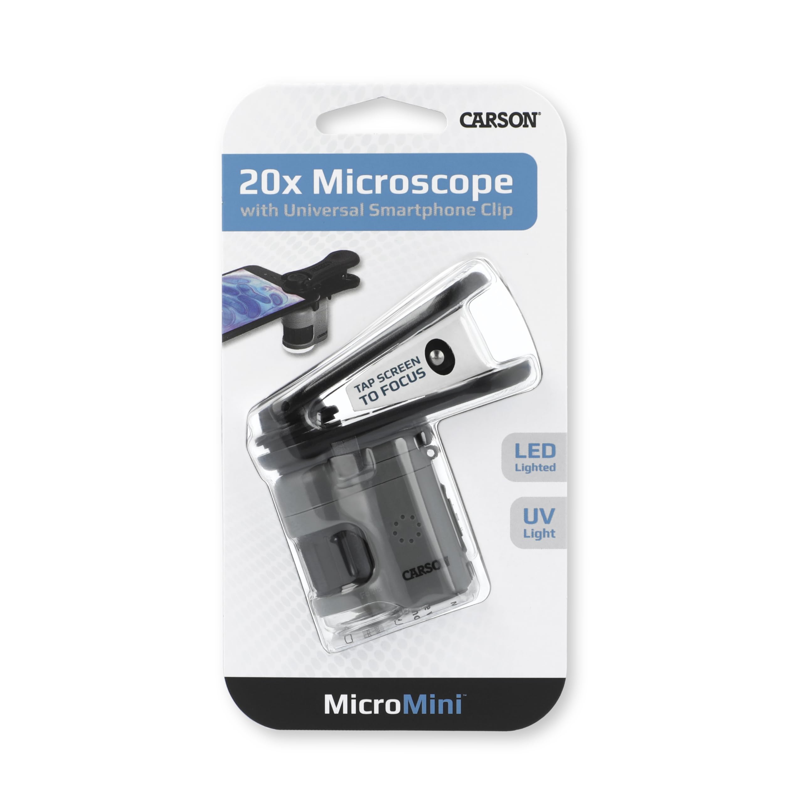 Carson MicroMini 20x LED Lighted Pocket Microscope with Built-in LED and UV Flashlight and Universal Smartphone Digiscoping Adapter Clip (MM-380)