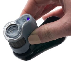 Carson MicroMini 20x LED Lighted Pocket Microscope with Built-in LED and UV Flashlight and Universal Smartphone Digiscoping Adapter Clip (MM-380)