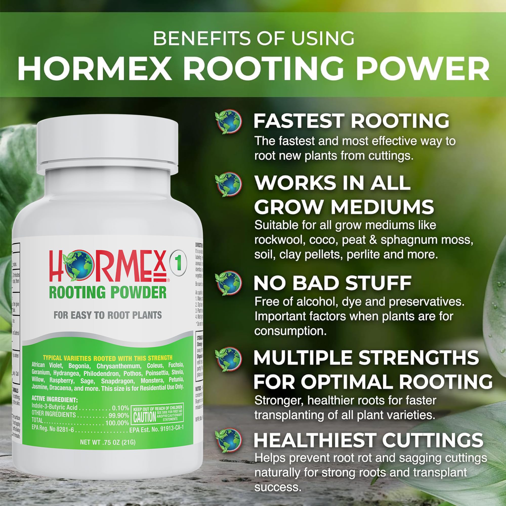 Hormex Rooting Powder #1 - for Moderately Difficult to Root Plants - 0.1 IBA Rooting Hormone for Plant Cuttings - Fast & Effective - Free of Alcohol, Dye, Gel & Preservatives for Healthier Roots, 21g