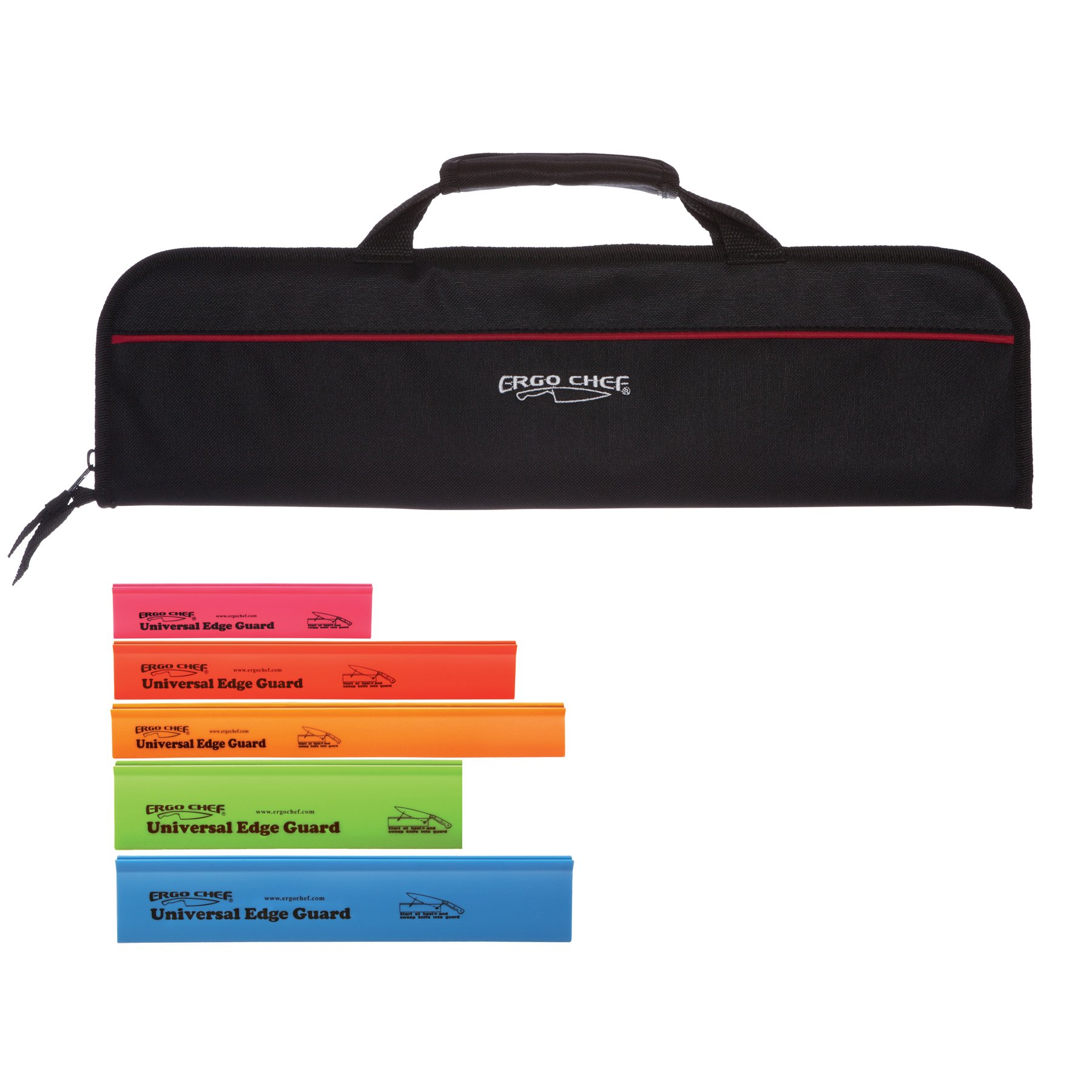 5 Pocket Padded Chef Knife Case Roll with 5 pc. Edge Guards (Black 5 Pocket bag w/5pc. Multi-Color Edge guards)