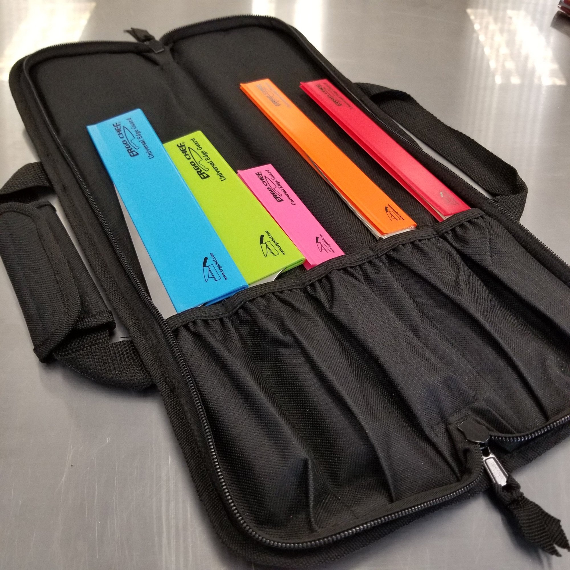 5 Pocket Padded Chef Knife Case Roll with 5 pc. Edge Guards (Black 5 Pocket bag w/5pc. Multi-Color Edge guards)