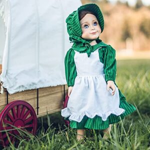 the queen's treasures 18 inch doll clothes, little house on the prairie dress outfit, authentic 1880's design calico dress & bonnet with white apron. compatible for use with american girl dolls