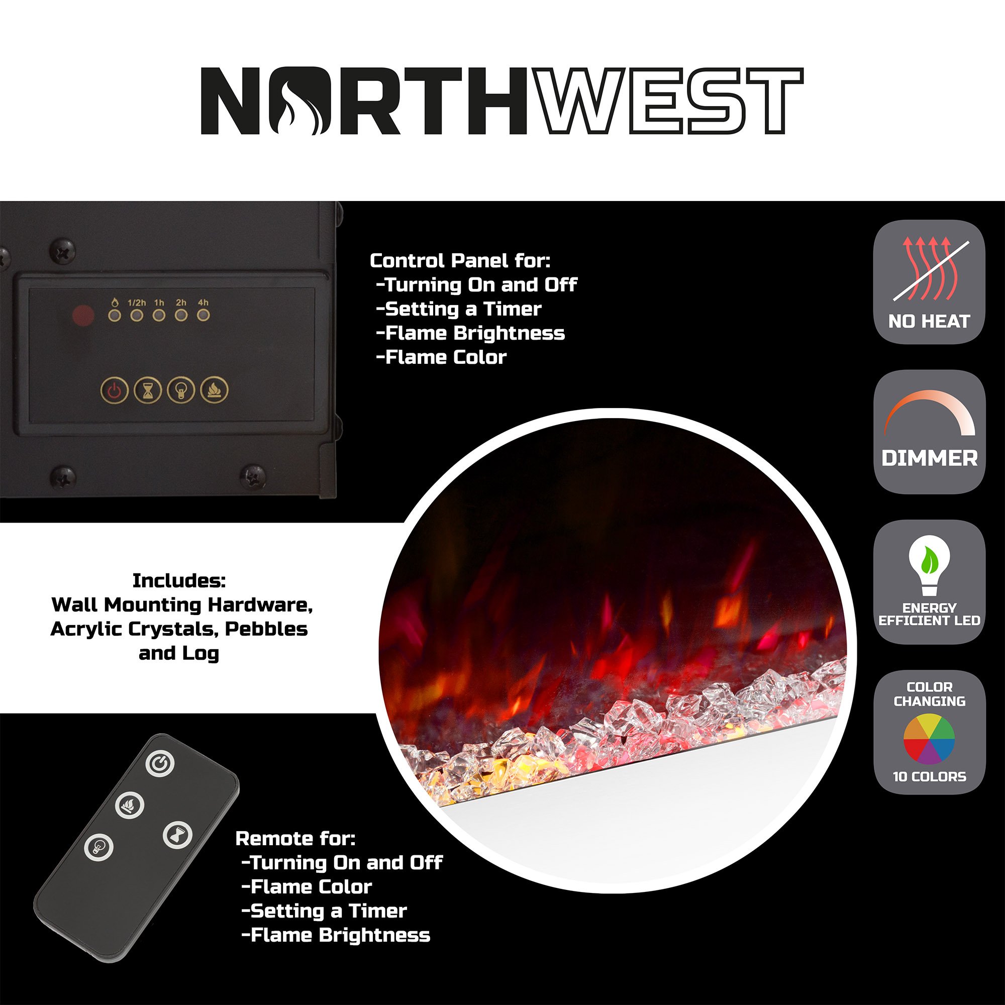 Electric Fireplace - 50 Inch Wall Mounted Fireplace with 10-Color LED Flames, 3 Backgrounds, Adjustable Brightness, and Remote by Northwest (White)