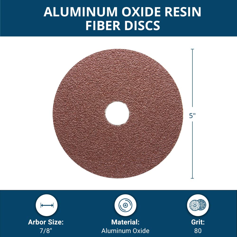 Benchmark Abrasives 5" Aluminum Oxide Resin Fiber Grinding and Sanding Discs for Metals, Wood, and Fiberglass 7/8" Arbor, Use with Angle Grinder (25 Pack) - 80 Grit