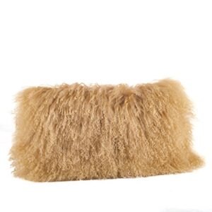 saro lifestyle 100% wool mongolian lamb fur throw pillow with poly filling, 12" x 20", gold
