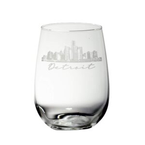 detroit skyline etched glass (stemless wine)