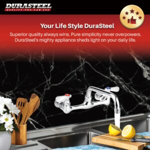 Kitchen Sink Faucet Wall Mount - DuraSteel 8" Center Commercial Kitchen Sink Faucet with 12" Swivel Spout - Dual Lever Handles - Brass Constructed & Chrome Polished