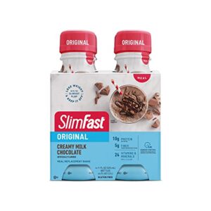 slimfast meal replacement shake, original creamy milk chocolate, 10g of ready to drink protein for weight loss, 11 fl. oz bottle, 4 count (packaging may vary)