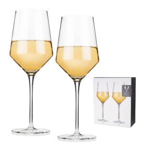 viski raye angled crystal chardonnay wine glasses set of 2, no-lead premium crystal clear glass, modern stemmed, flat bottom white wine gift set, 13oz