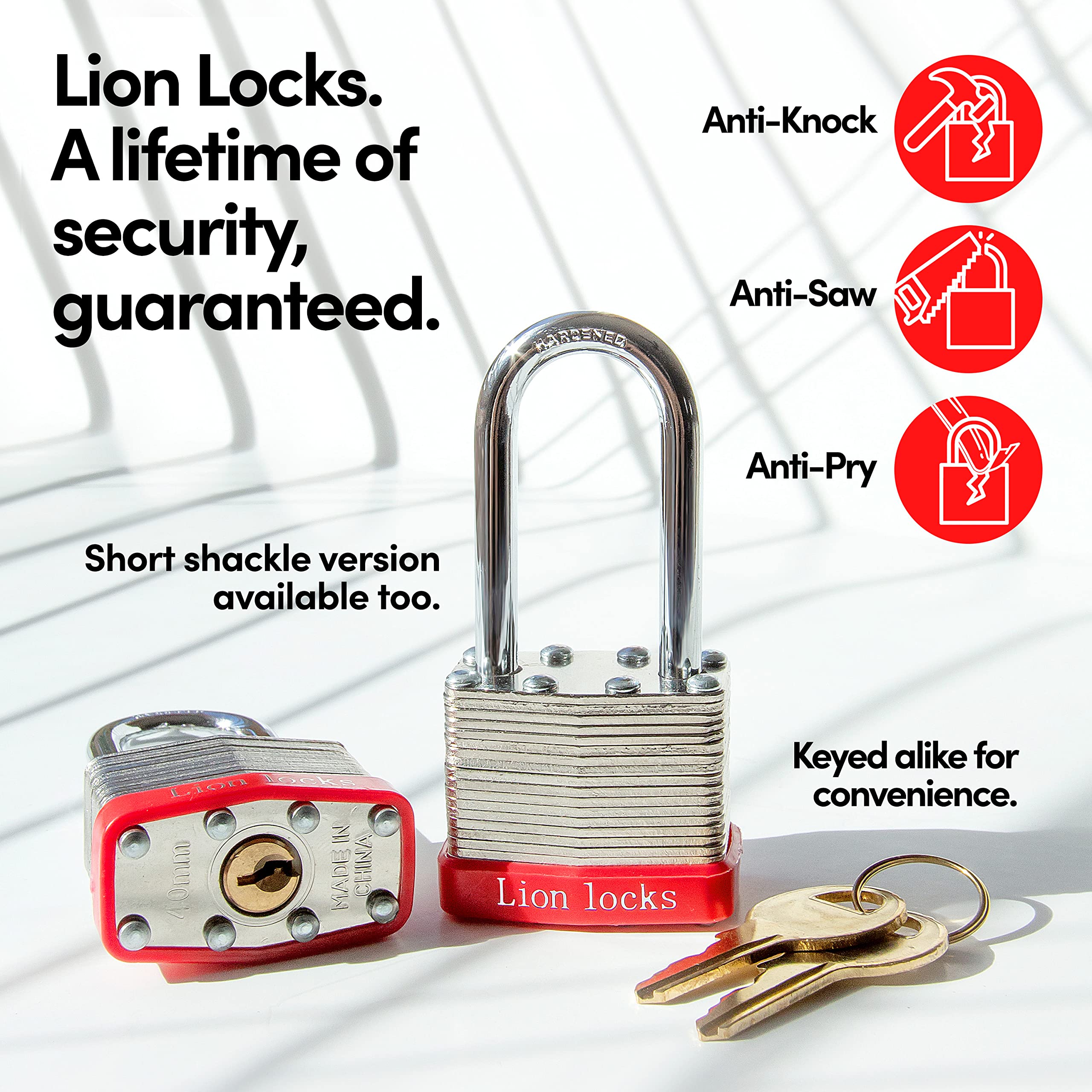 Lion Locks 12 Keyed Alike Padlocks with 2" Long Shackle, 24 Keys - Padlocks for Outdoor Use, Locks with Keys, Hardened Steel Case, Pick Resistant Brass Pin Cylinder for Hasp Latch, Locker, Gate