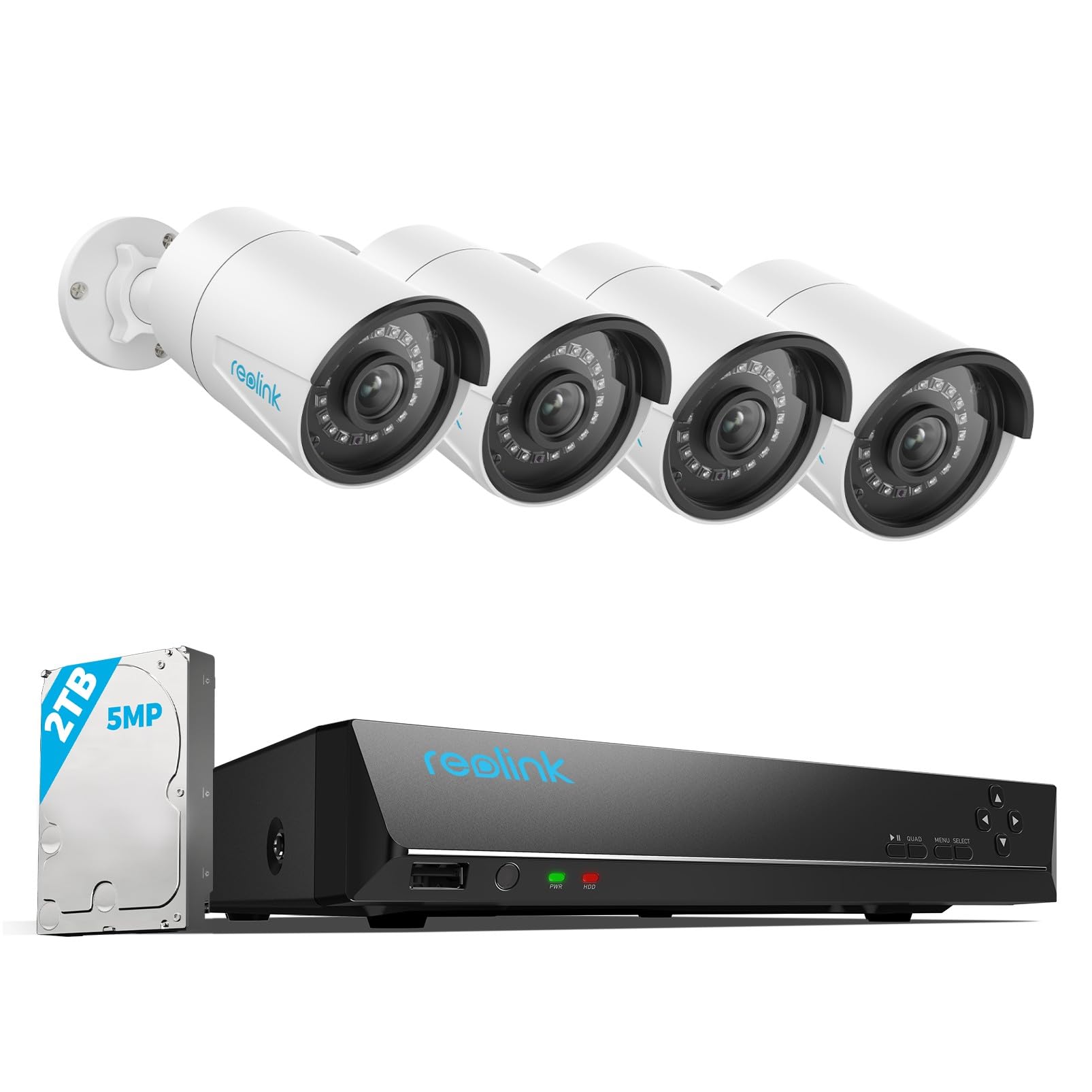 REOLINK 8CH 5MP Home Surveillance & Security Camera System, 4pcs Wired 5MP Outdoor PoE IP Cameras with Person Vehicle Detection, 4K 8CH NVR with 2TB HDD for 24-7 Recording, RLK8-410B4-5MP White