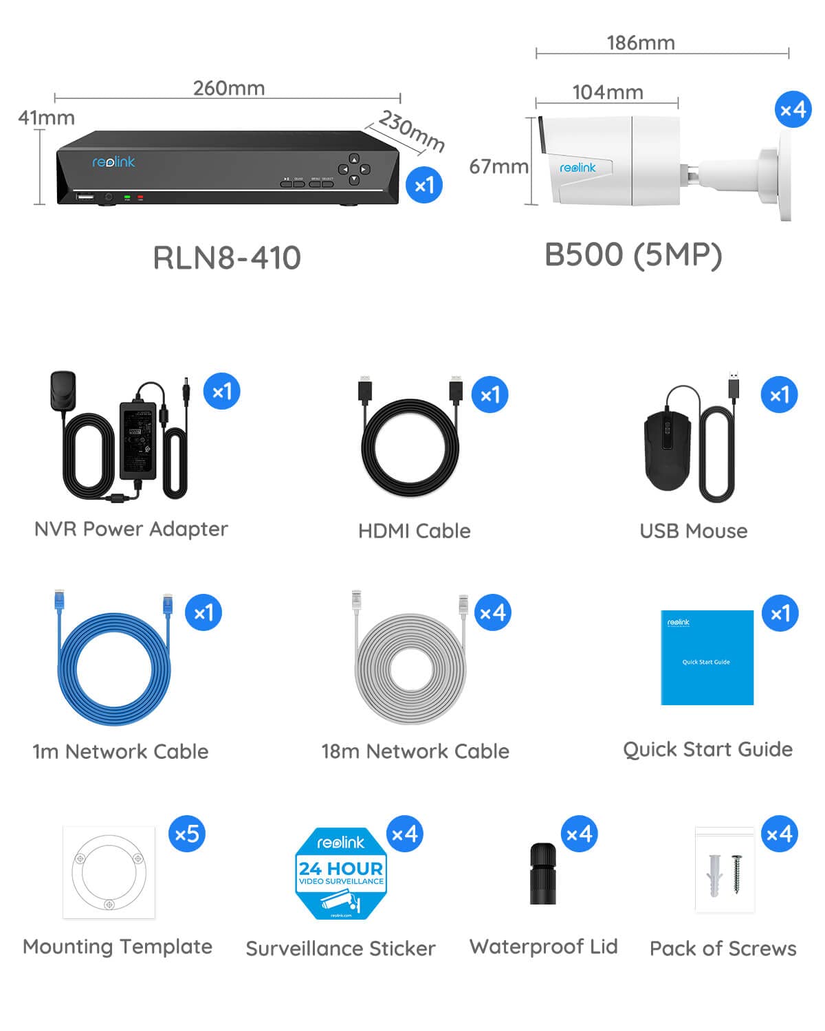 REOLINK 8CH 5MP Home Surveillance & Security Camera System, 4pcs Wired 5MP Outdoor PoE IP Cameras with Person Vehicle Detection, 4K 8CH NVR with 2TB HDD for 24-7 Recording, RLK8-410B4-5MP White