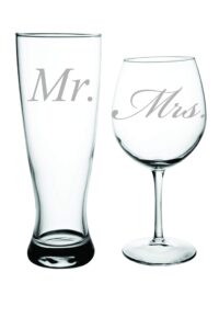 c & m personal gifts wine glasses (set of 2) mr. and mrs. engraved beer glass and wine toasting glass set -clear glass for newly weds couple, made in usa