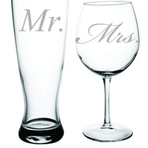 C & M Personal Gifts Wine Glasses (Set of 2) Mr. and Mrs. Engraved Beer Glass and Wine Toasting Glass Set -Clear Glass for Newly Weds Couple, Made in USA