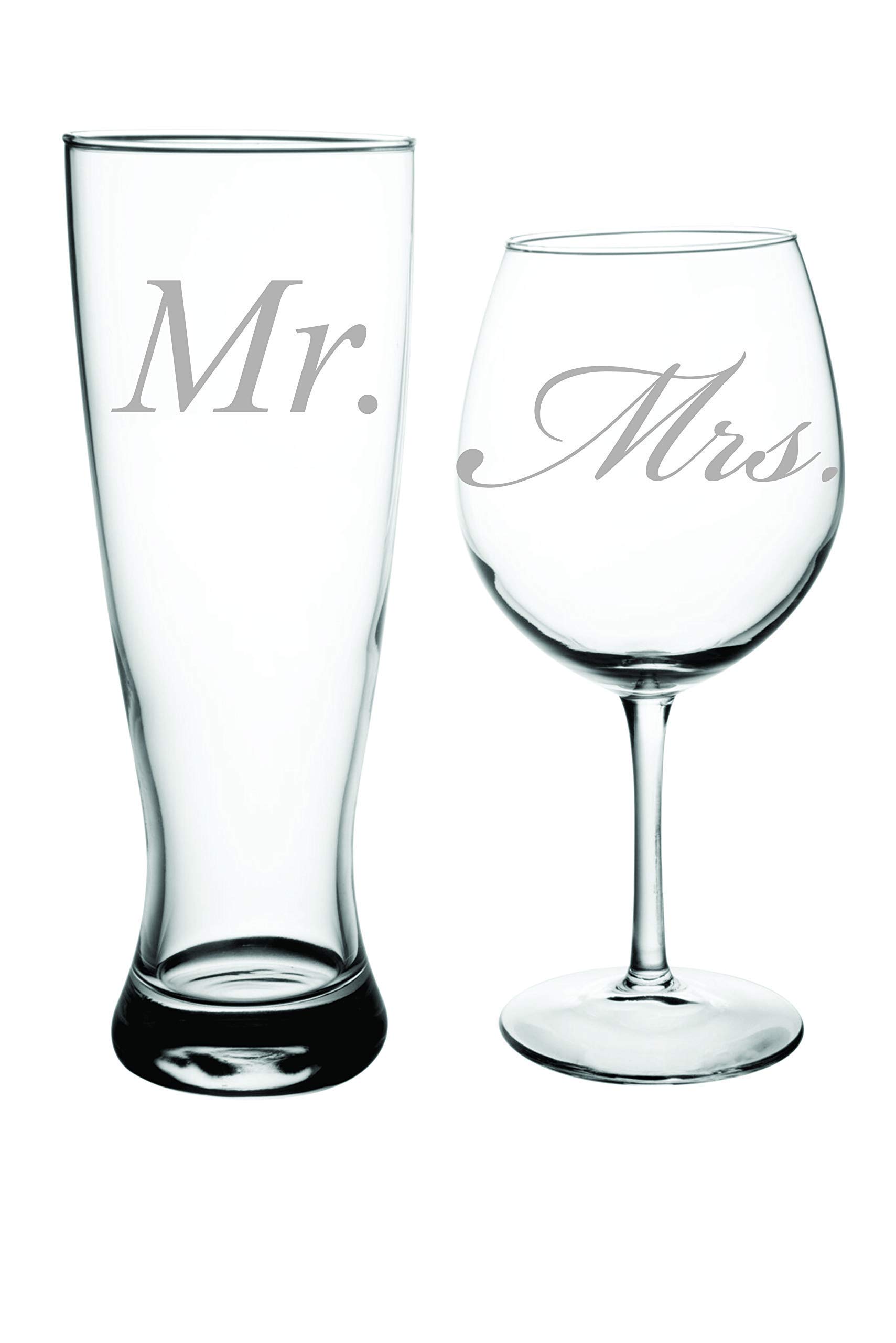 C & M Personal Gifts Wine Glasses (Set of 2) Mr. and Mrs. Engraved Beer Glass and Wine Toasting Glass Set -Clear Glass for Newly Weds Couple, Made in USA