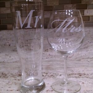 C & M Personal Gifts Wine Glasses (Set of 2) Mr. and Mrs. Engraved Beer Glass and Wine Toasting Glass Set -Clear Glass for Newly Weds Couple, Made in USA