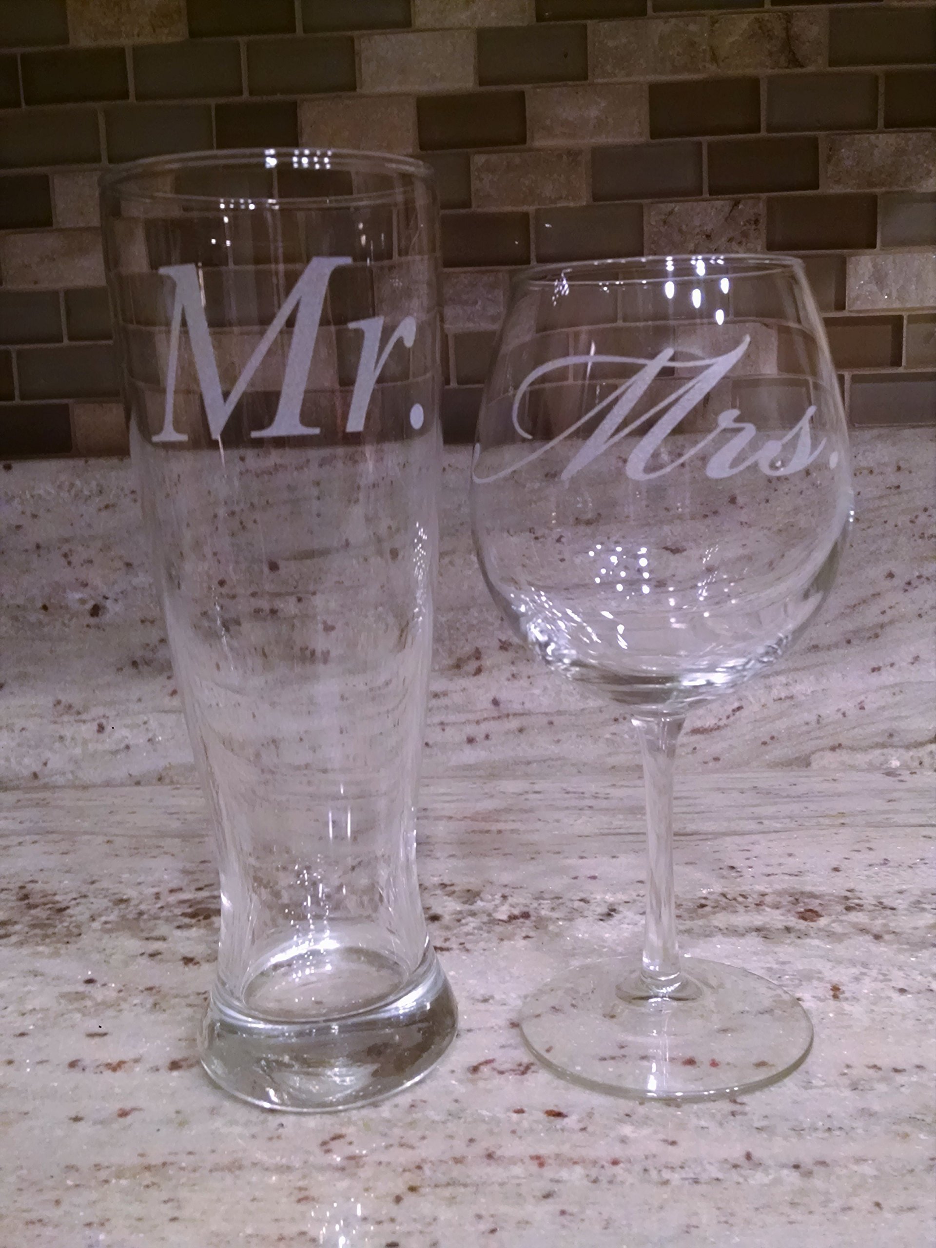 C & M Personal Gifts Wine Glasses (Set of 2) Mr. and Mrs. Engraved Beer Glass and Wine Toasting Glass Set -Clear Glass for Newly Weds Couple, Made in USA