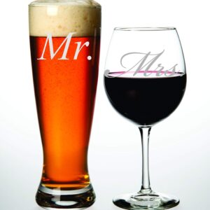 C & M Personal Gifts Wine Glasses (Set of 2) Mr. and Mrs. Engraved Beer Glass and Wine Toasting Glass Set -Clear Glass for Newly Weds Couple, Made in USA