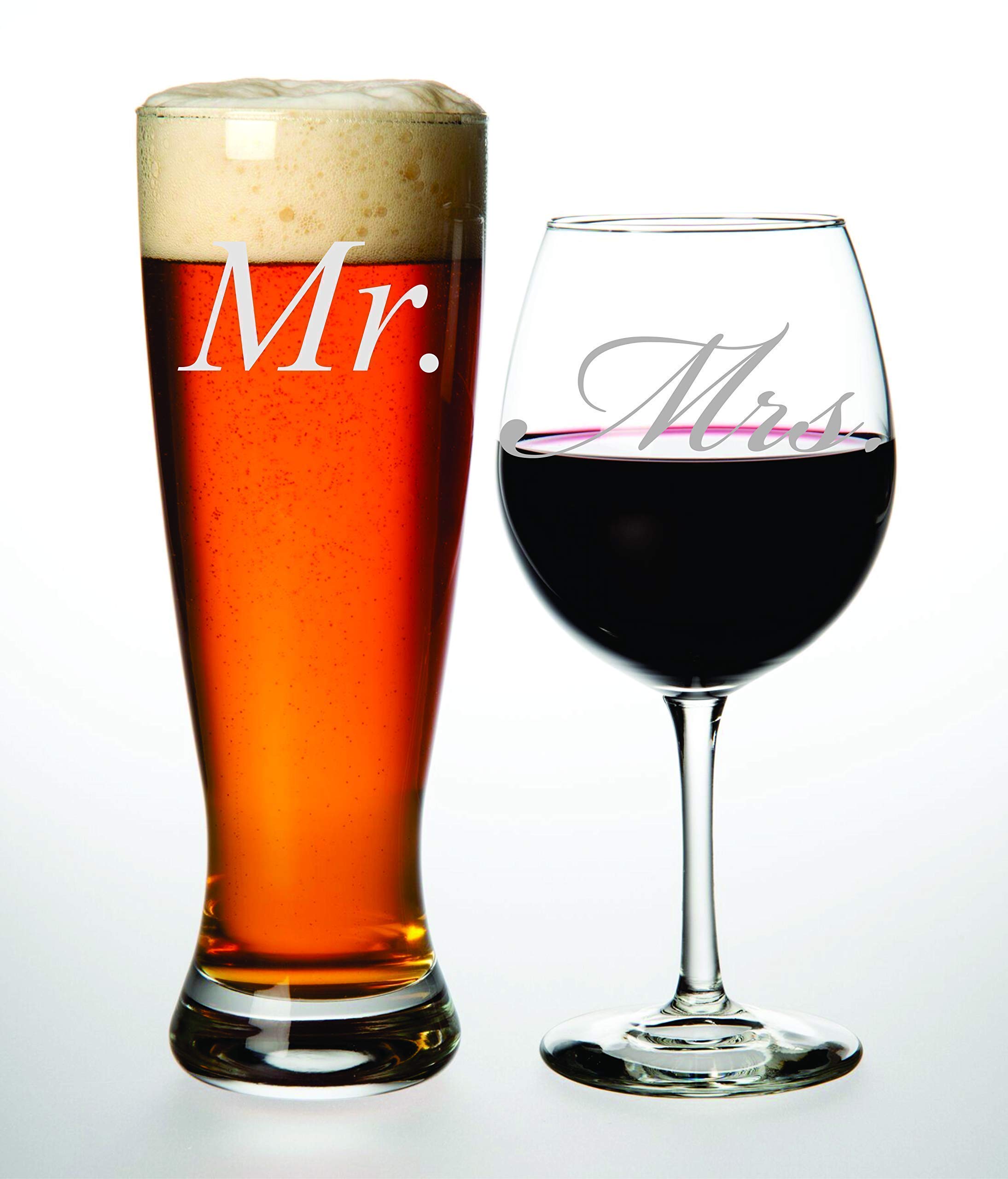 C & M Personal Gifts Wine Glasses (Set of 2) Mr. and Mrs. Engraved Beer Glass and Wine Toasting Glass Set -Clear Glass for Newly Weds Couple, Made in USA