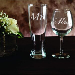 C & M Personal Gifts Wine Glasses (Set of 2) Mr. and Mrs. Engraved Beer Glass and Wine Toasting Glass Set -Clear Glass for Newly Weds Couple, Made in USA