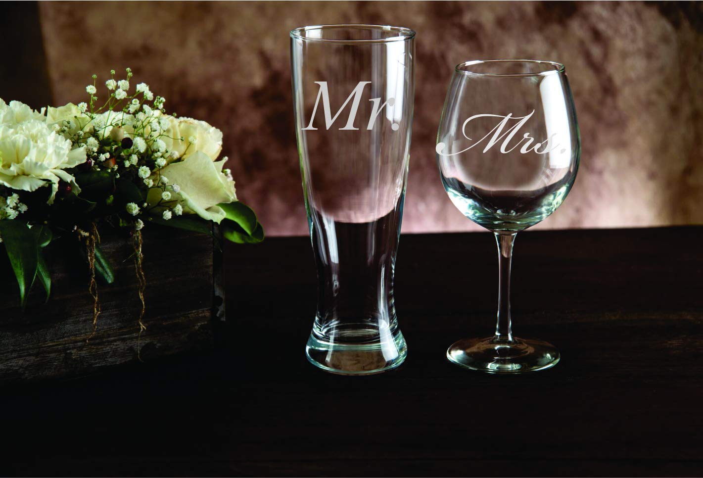 C & M Personal Gifts Wine Glasses (Set of 2) Mr. and Mrs. Engraved Beer Glass and Wine Toasting Glass Set -Clear Glass for Newly Weds Couple, Made in USA