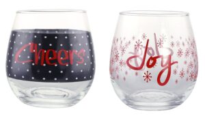 kovot holiday"cheers" and"joy" stemless wine glass set | 16 oz | christmas wine glasses (2 glasses)