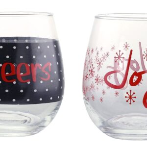 KOVOT Holiday"CHEERS" and"JOY" Stemless Wine Glass Set | 16 oz | Christmas Wine Glasses (2 Glasses)