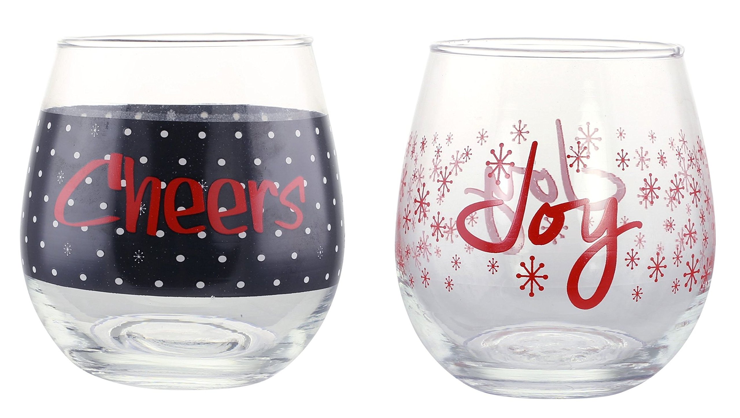 KOVOT Holiday"CHEERS" and"JOY" Stemless Wine Glass Set | 16 oz | Christmas Wine Glasses (2 Glasses)