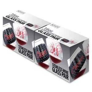 KOVOT Holiday"CHEERS" and"JOY" Stemless Wine Glass Set | 16 oz | Christmas Wine Glasses (2 Glasses)